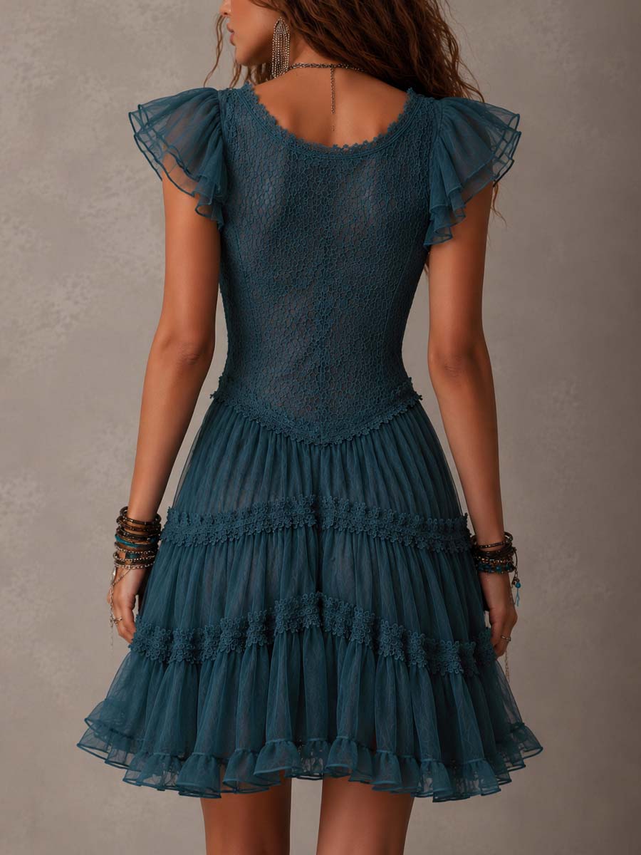 Blue lace chiffon mini dress side view