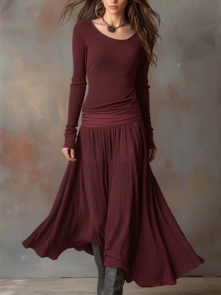 Charcoal gray ribbed knit maxi styled look