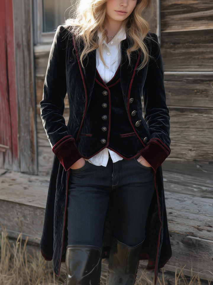 Vintage contrast trim velvet long jacket front view