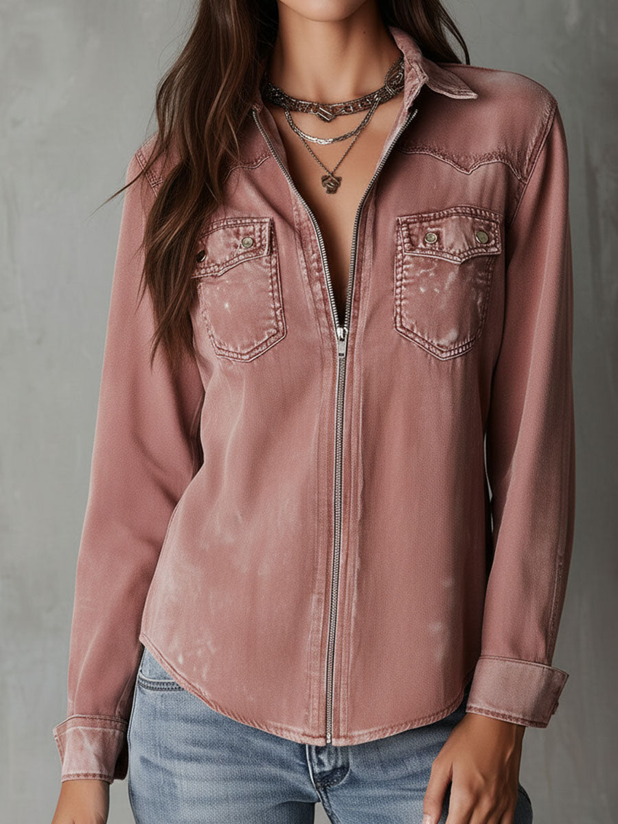 Western soft faded dusty rose washed denim zip shirt back view