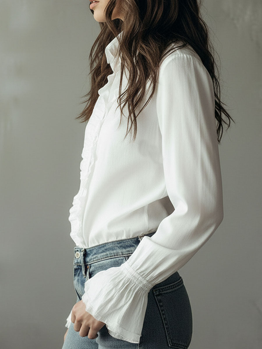 Flared cuff ruffled shirt detail view