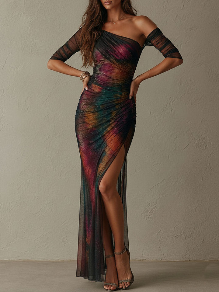 Galaxy print evening maxi dress back view