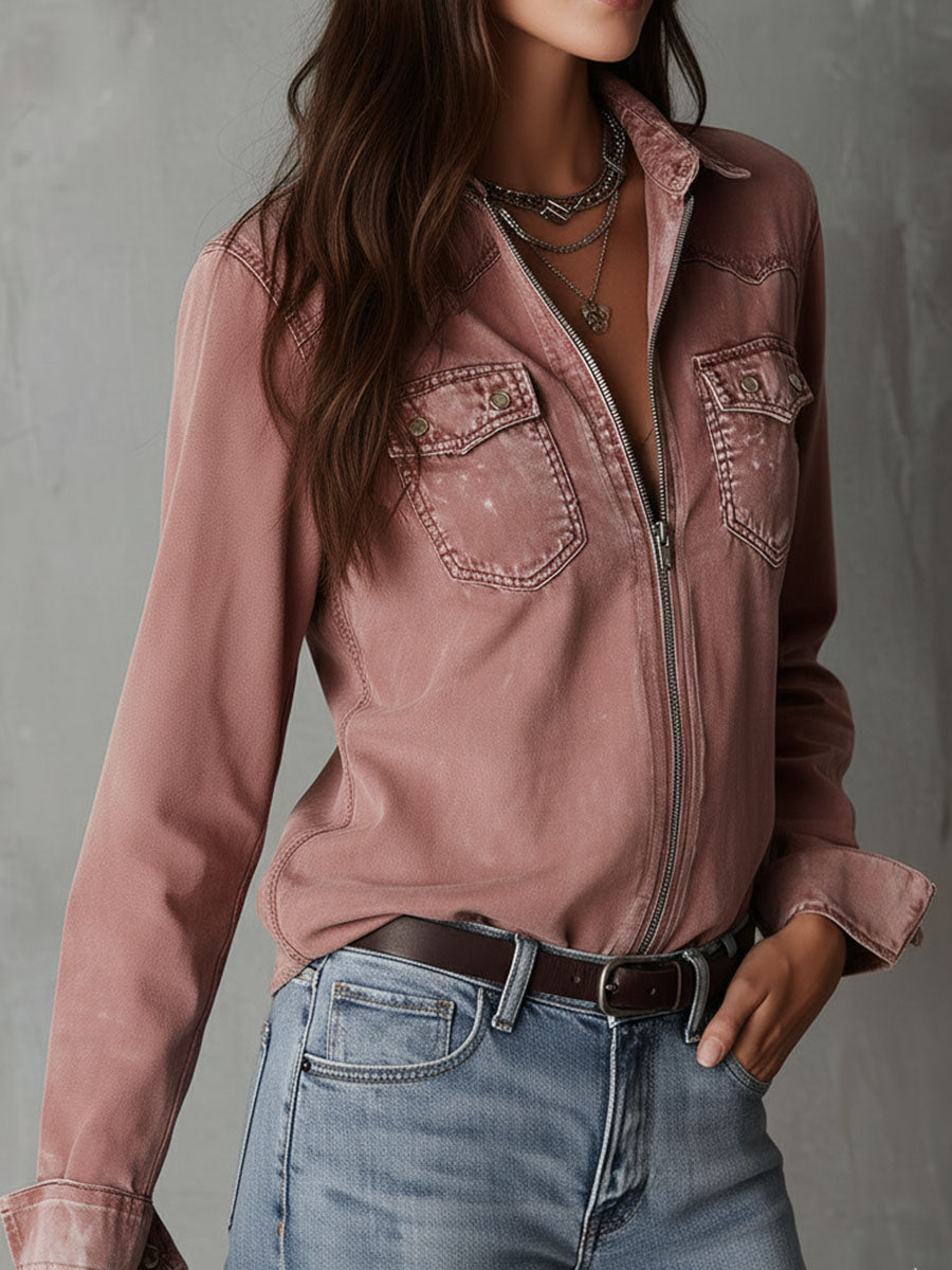 Western soft faded dusty rose washed denim zip shirt detail view