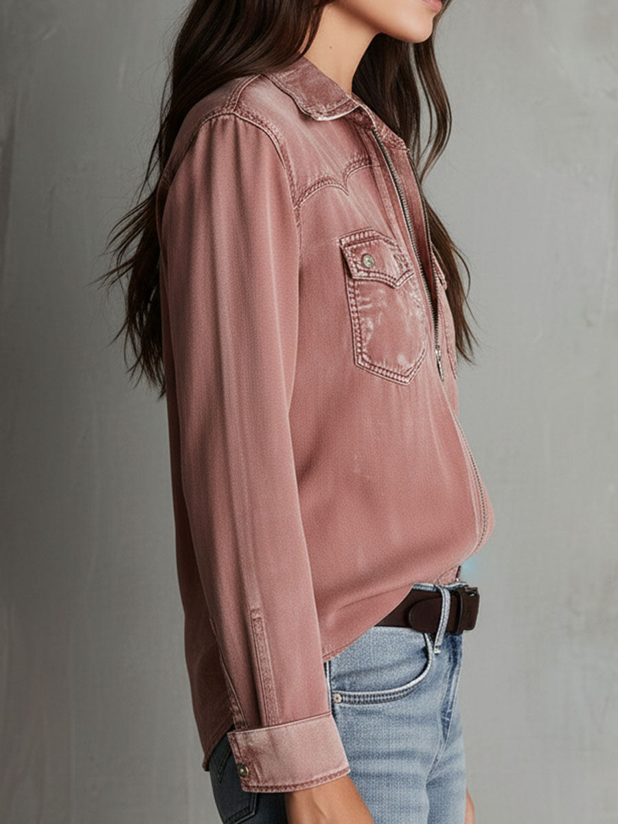 Western soft faded dusty rose washed denim zip shirt styled view
