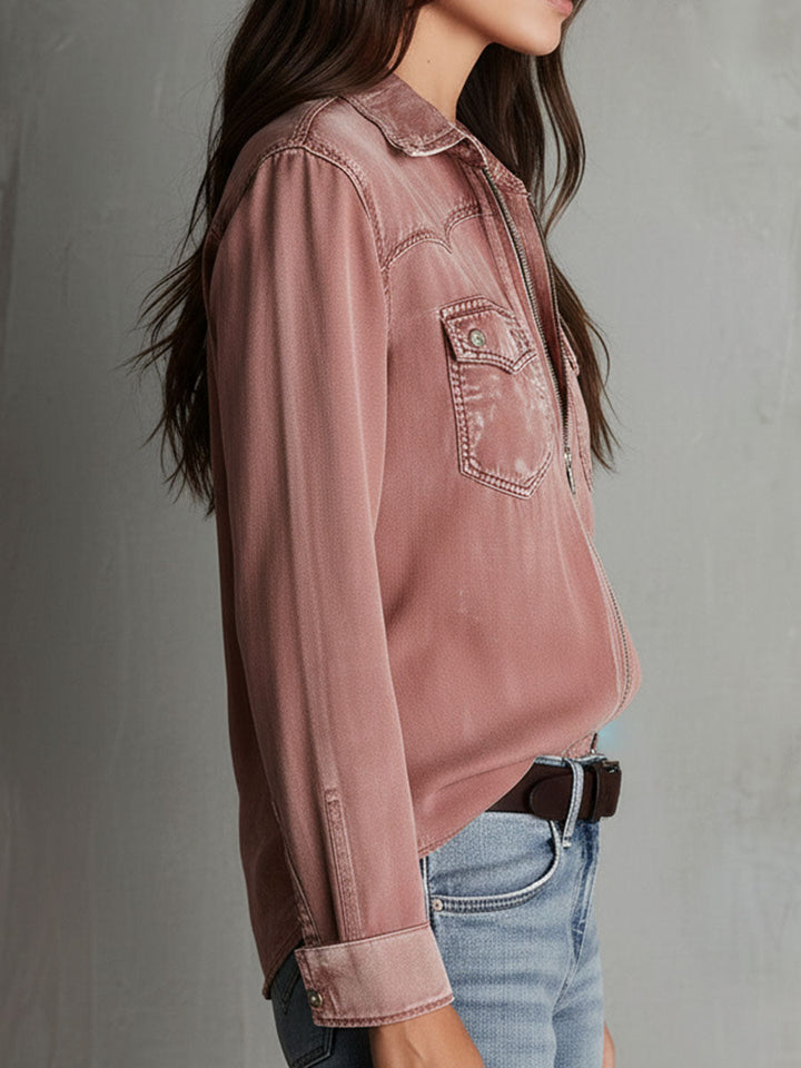 Western soft faded dusty rose washed denim zip shirt styled view