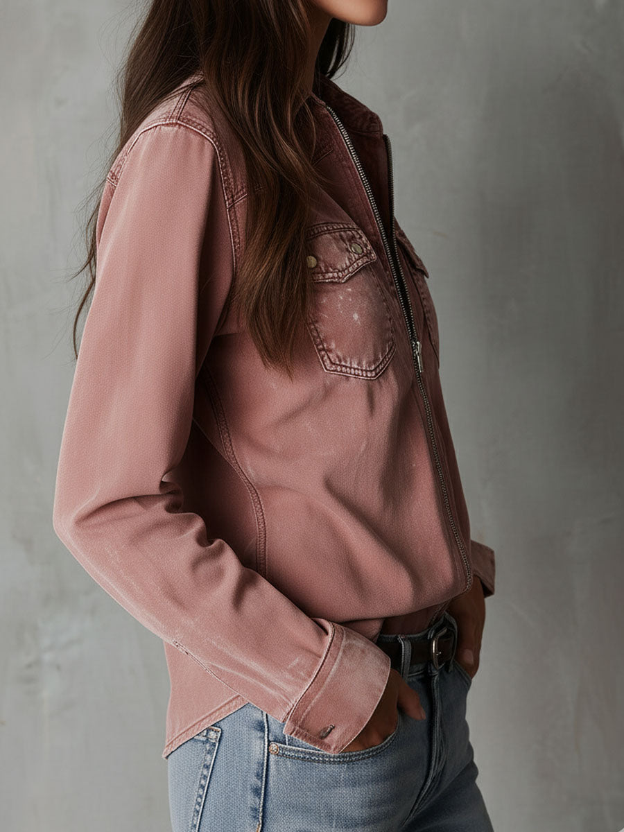Western soft faded dusty rose washed denim zip shirt side view