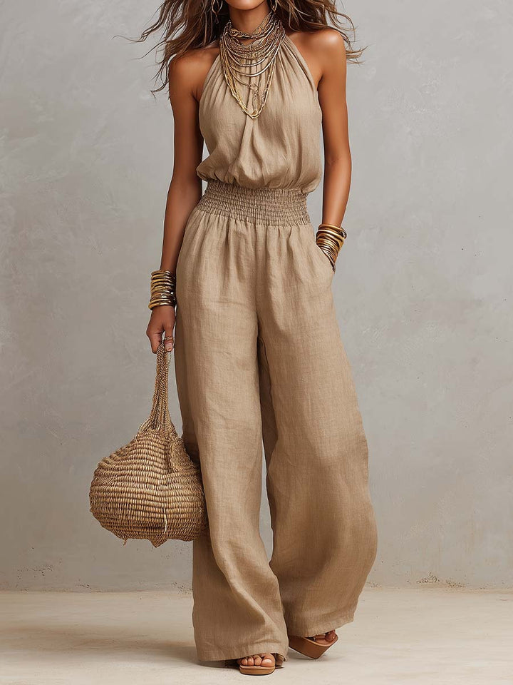 Tan halter neck wide-leg jumpsuit side view