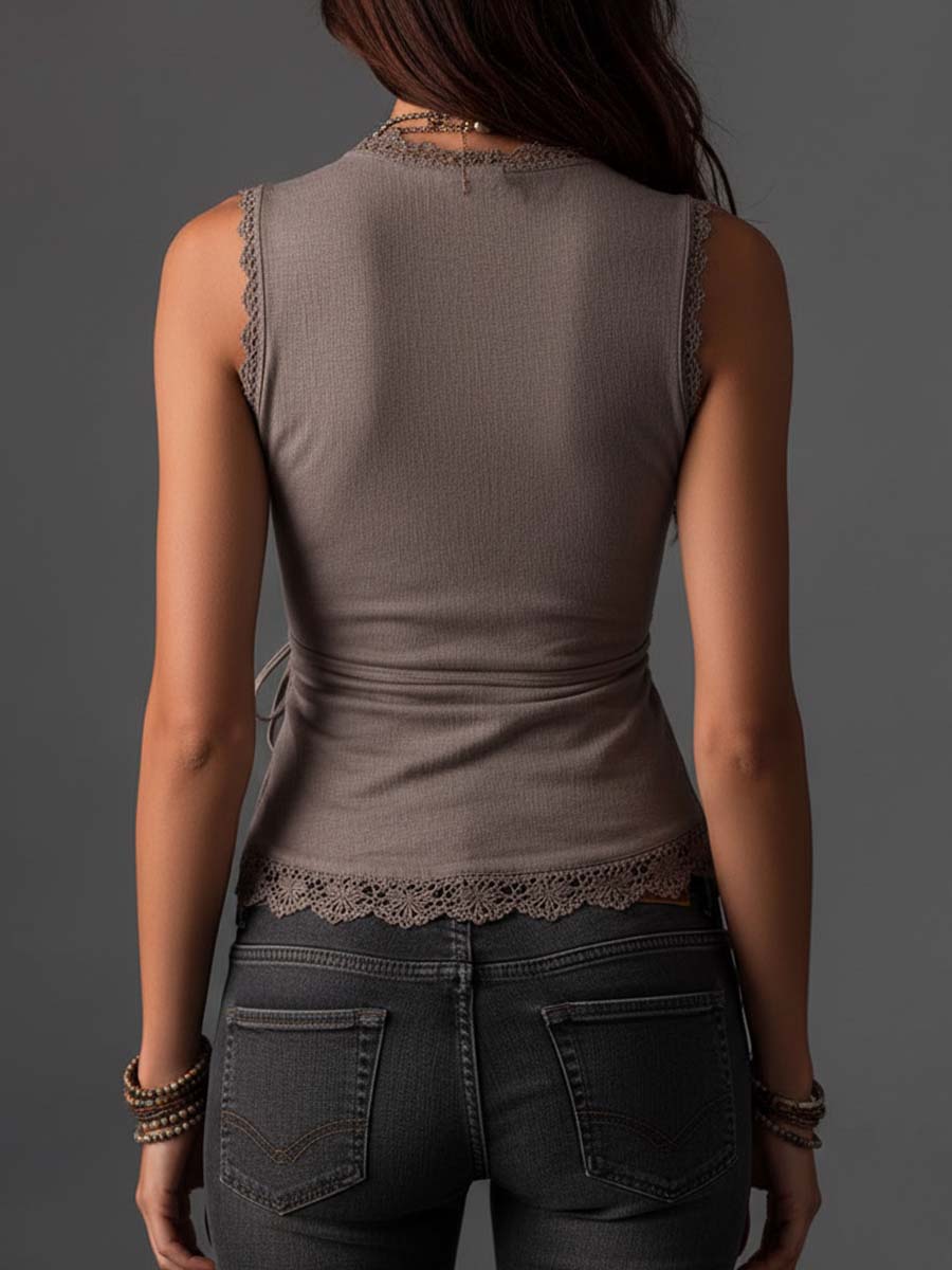 Taupe lace trim top back view
