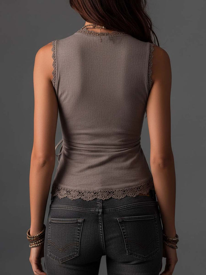 Taupe lace trim top back view