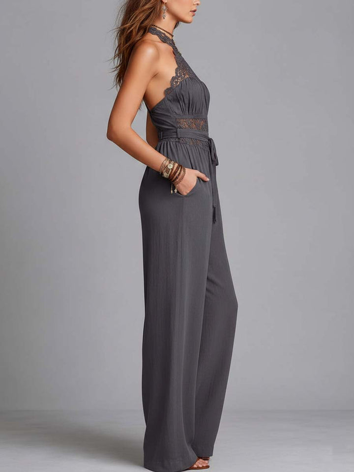 Charcoal gray wide-leg jumpsuit side view