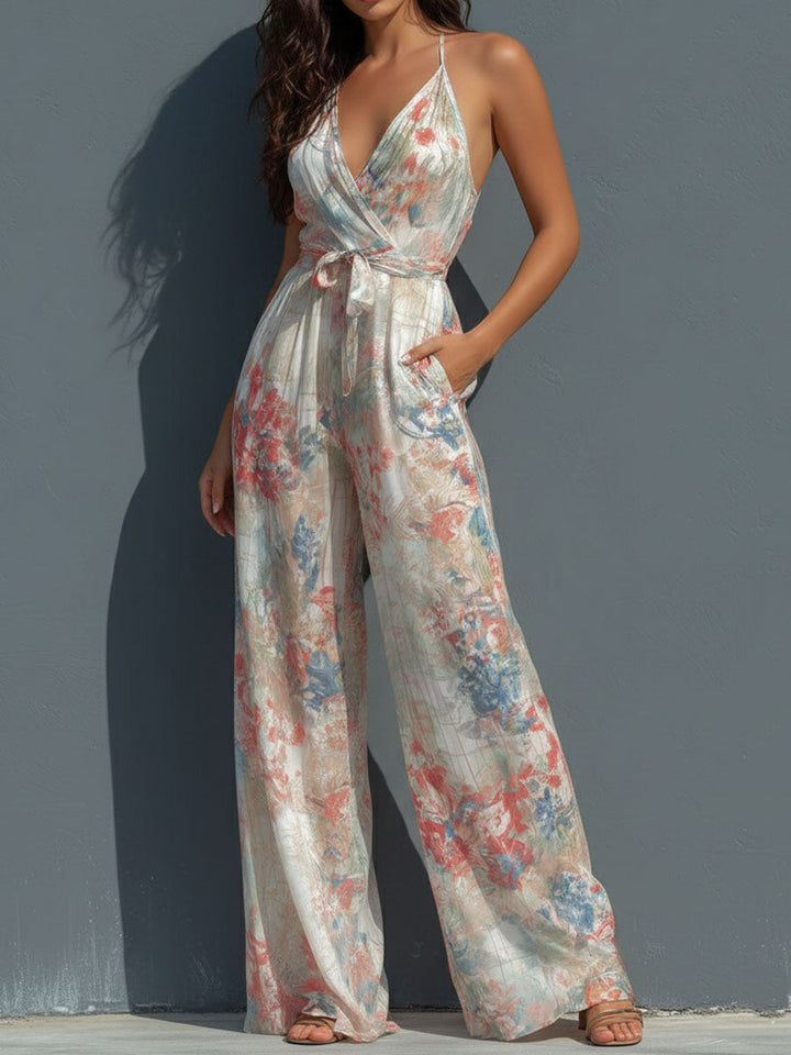 Halter wide-leg floral jumpsuit back view
