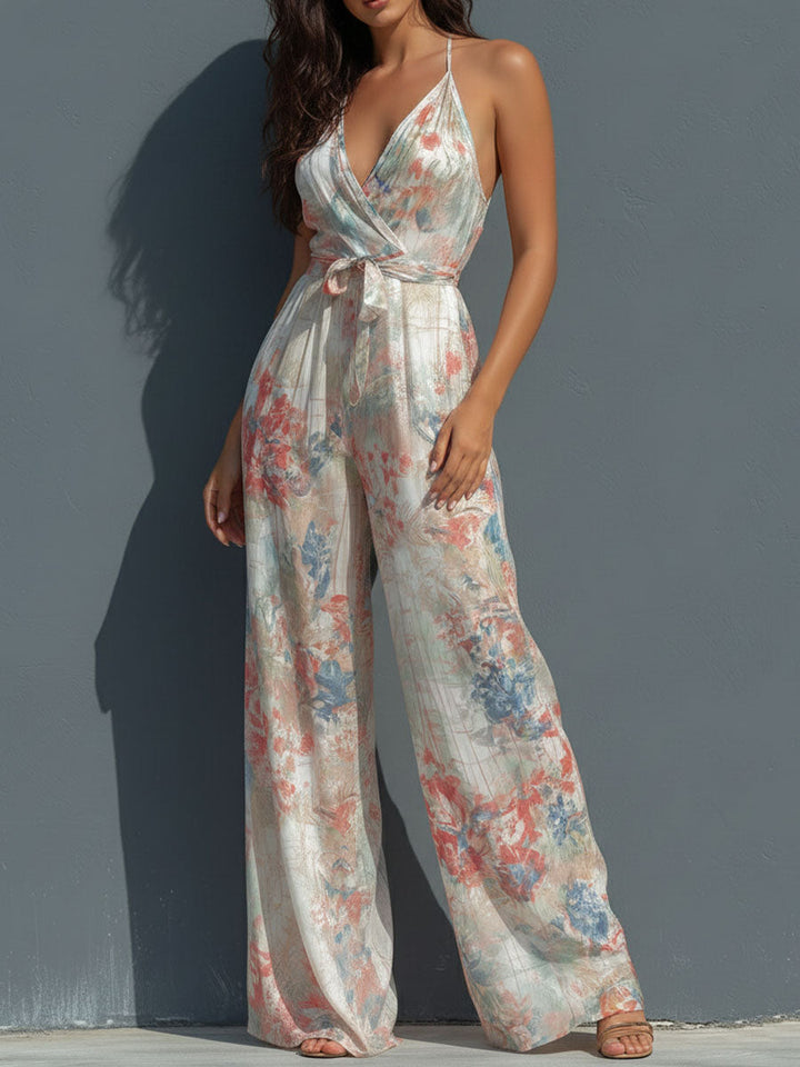 Boho resort floral satin jumpsuit styled look