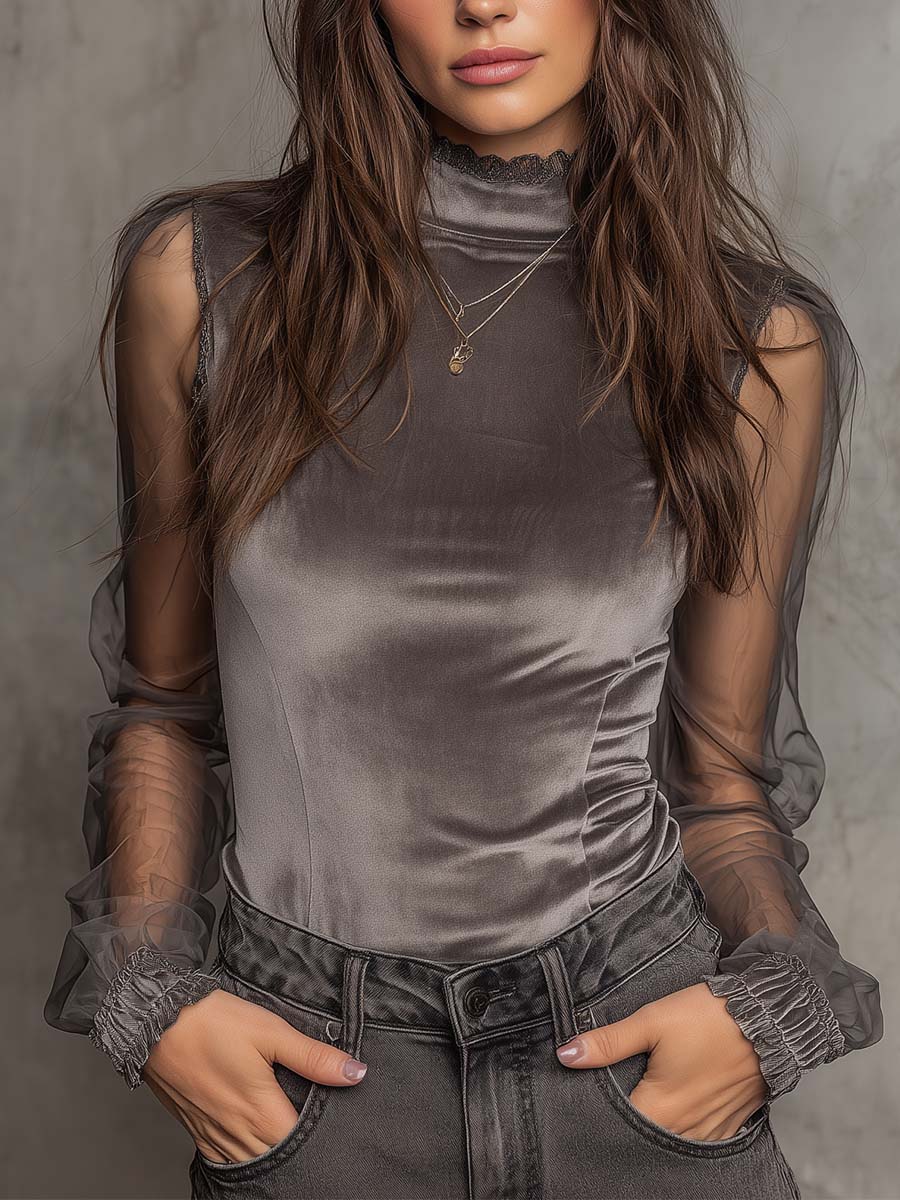 Graphite grey velvet mesh high-neck top front view