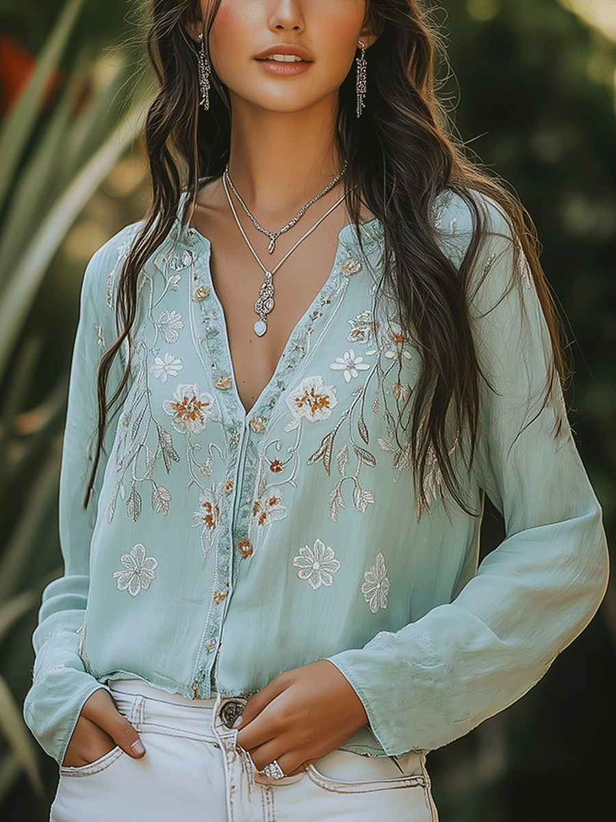 Soft casual bohemian style embroidered shirt front view