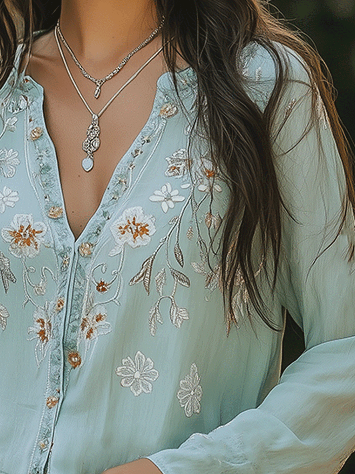 Soft casual bohemian style embroidered shirt side view