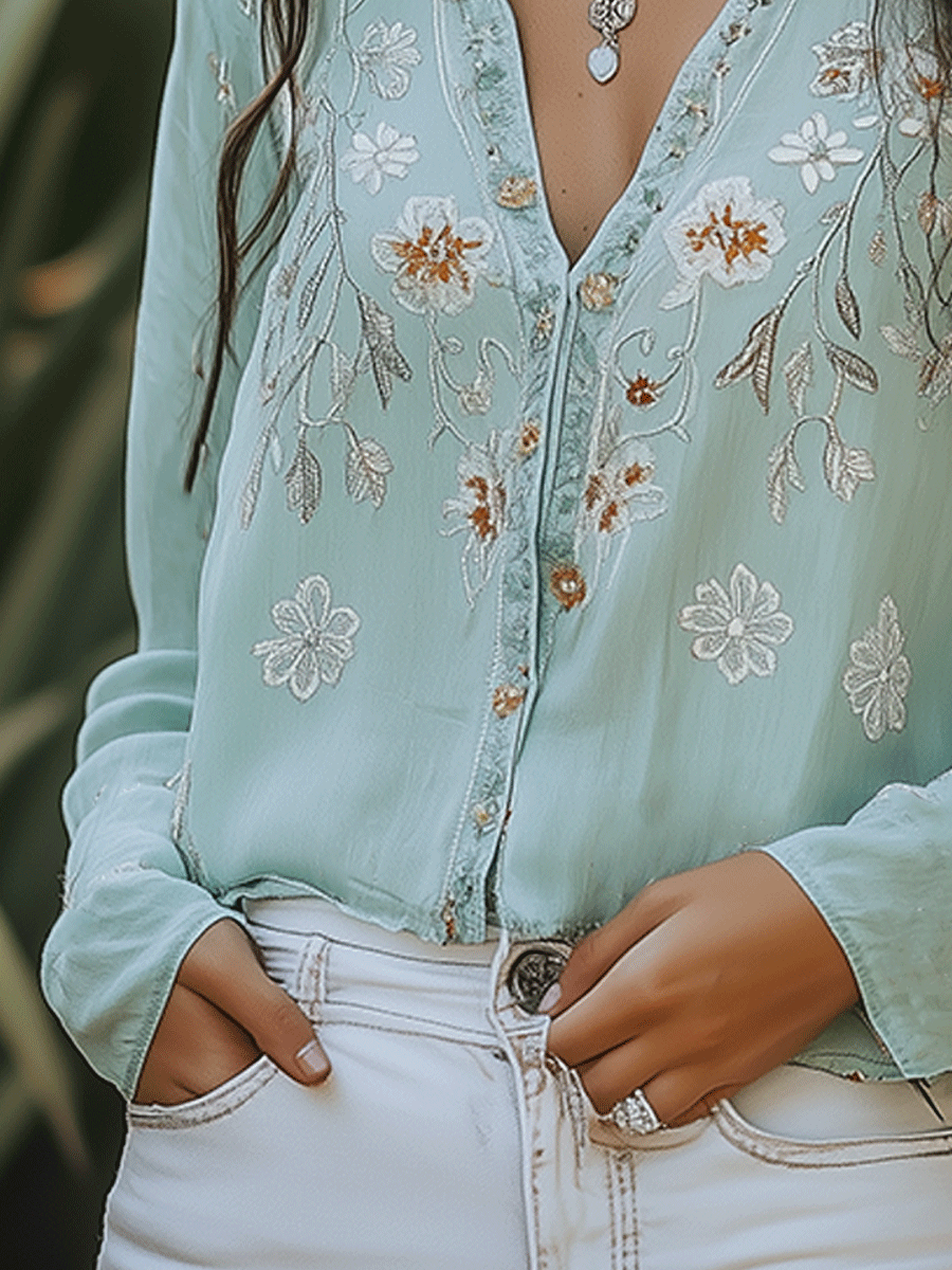 Soft casual bohemian style embroidered shirt styled view