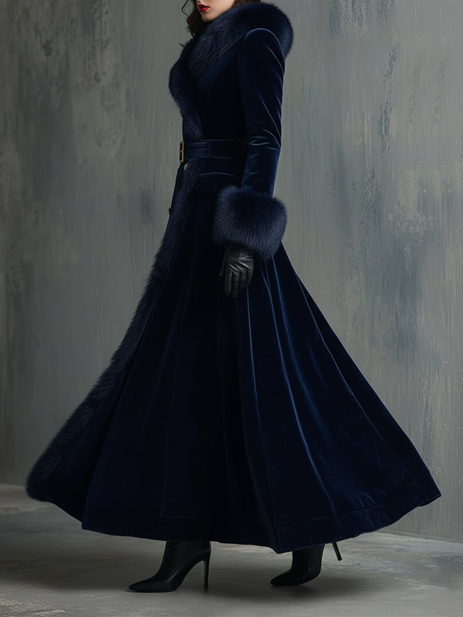 Velvet faux fur collar coat side view