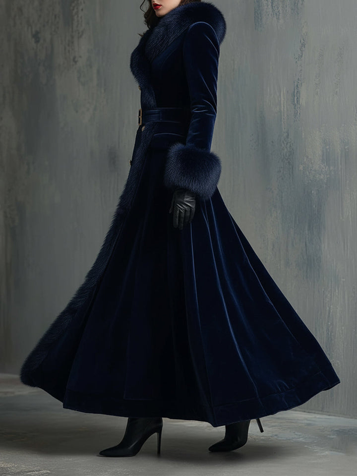 Velvet faux fur collar coat side view