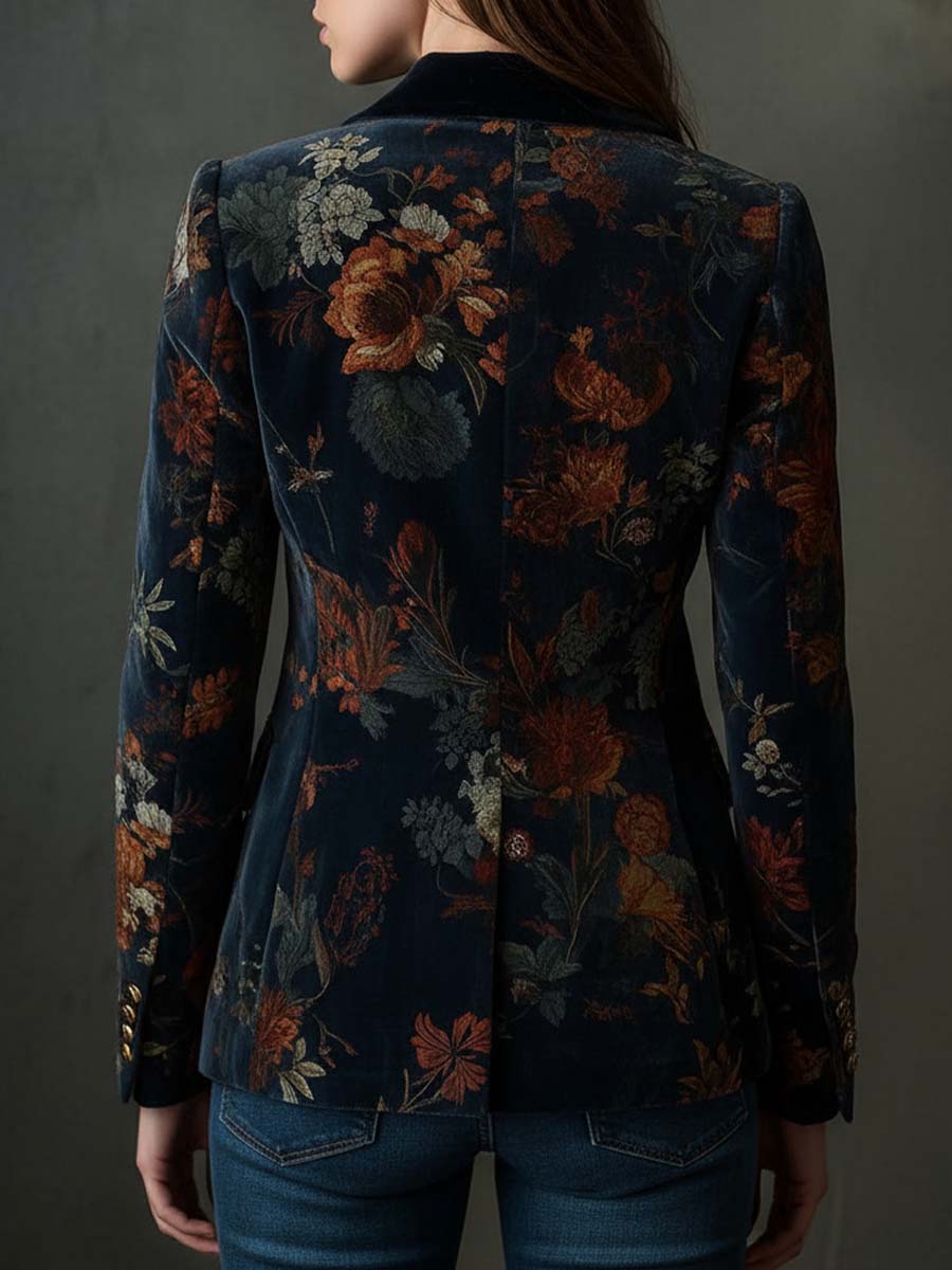 Vintage floral print metal button velvet blazer styled view