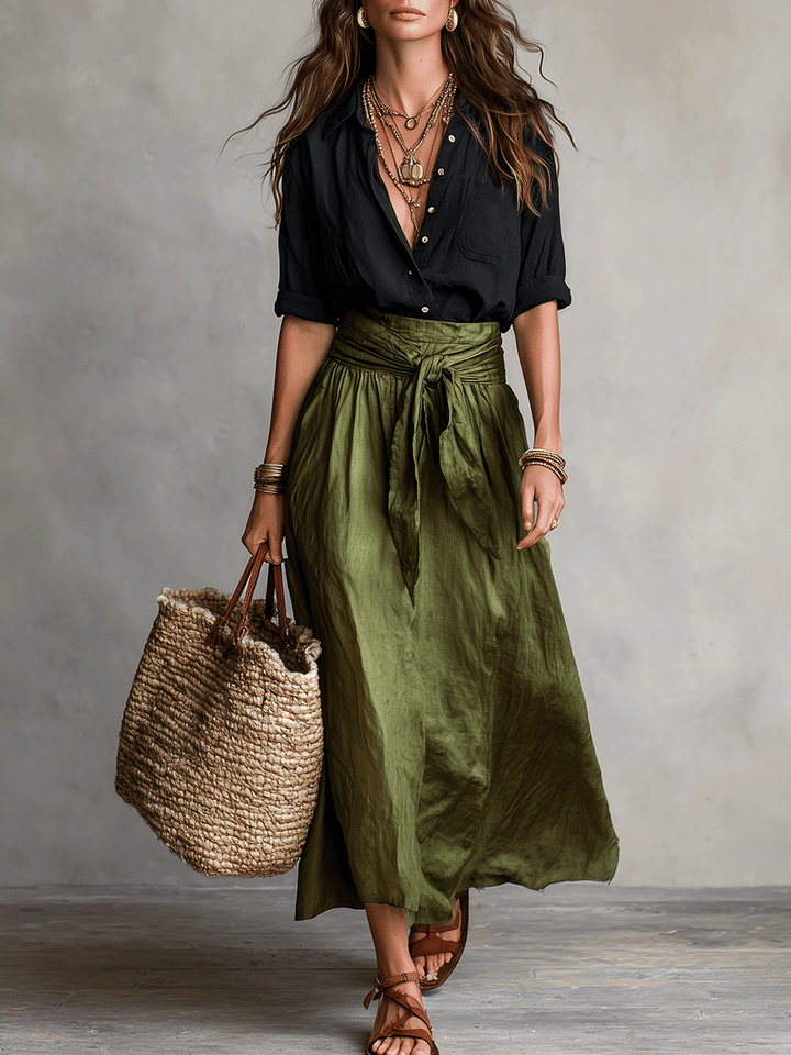 Boho black blouse olive satin midi skirt set front view