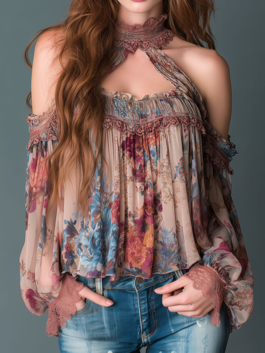 Boho blush floral cold-shoulder halter blouse front view