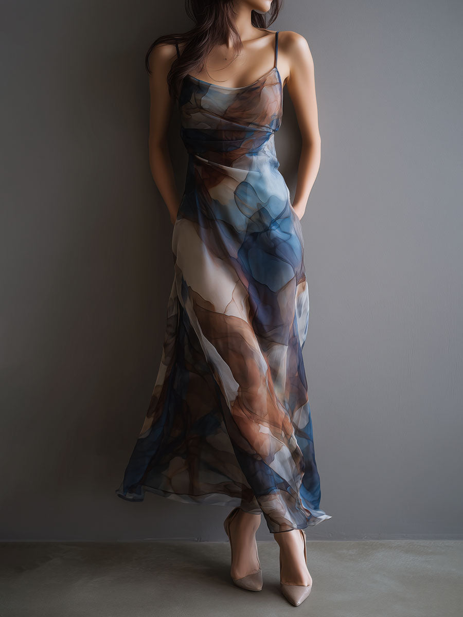 Abstract watercolor chiffon slip maxi dress front view