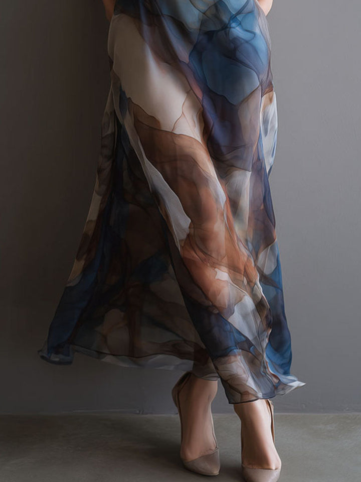 Watercolor chiffon slip maxi dress back view