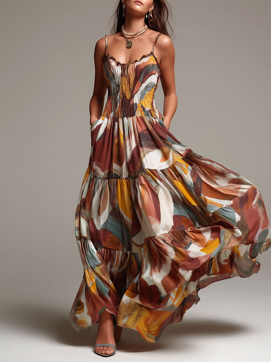 Boho abstract multicolor smocked bodice maxi dress front view