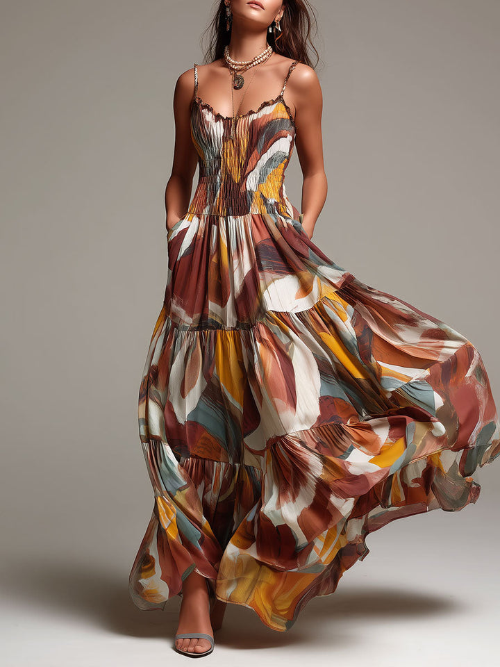 Boho abstract multicolor smocked bodice maxi dress front view