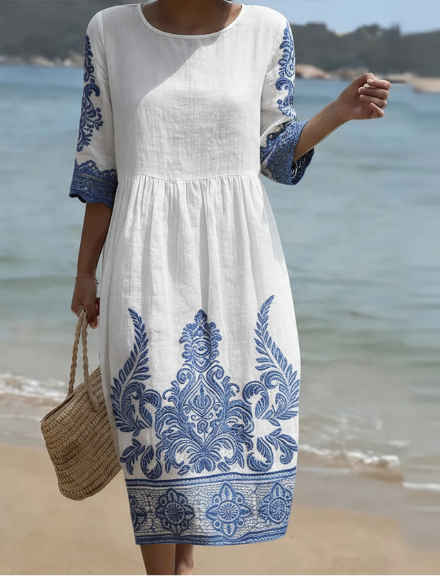 Tiffany Plant & Flower Print Dress in White — front view