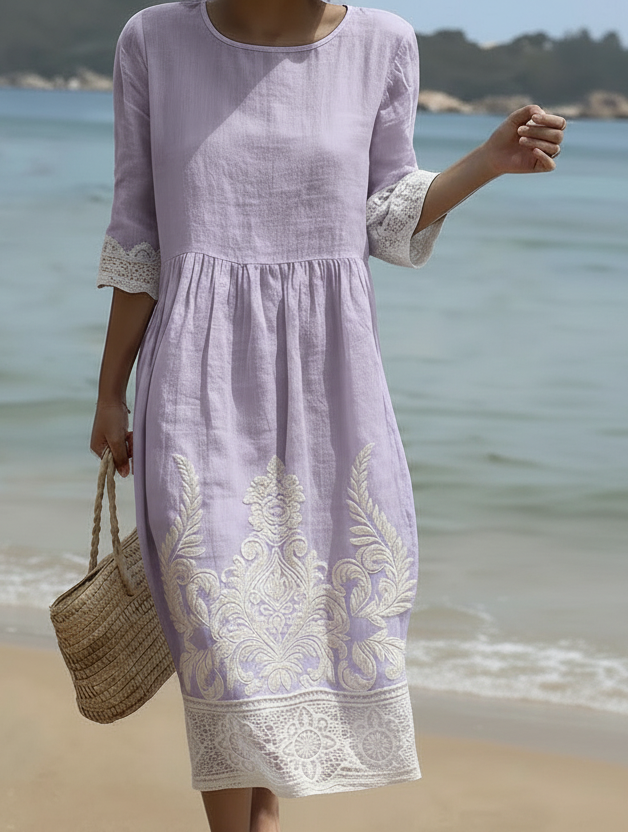 Tiffany Plant & Flower Print Dress in Lavender — front view