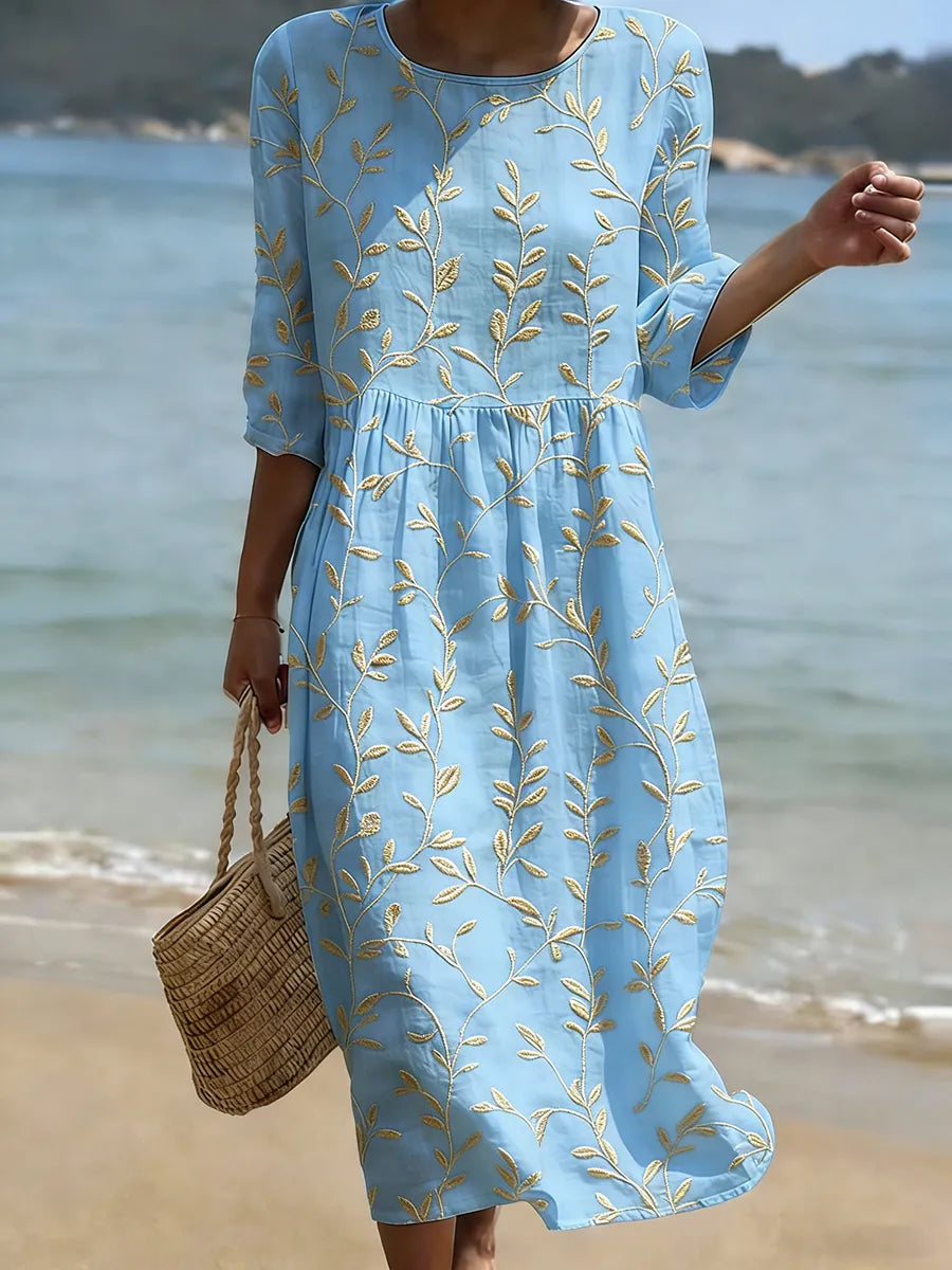 Natalie Plant & Flower Print Midi Dress — front view
