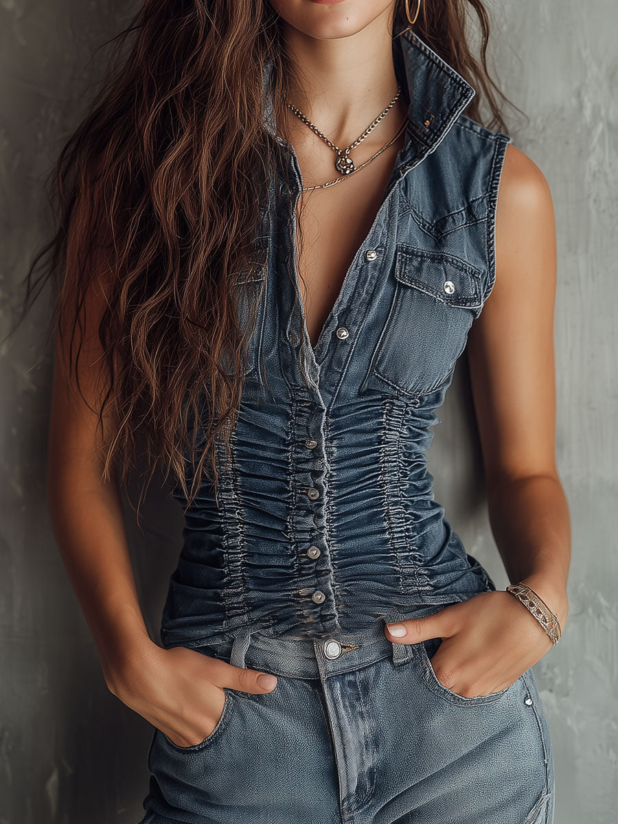 Retro blue ruched denim sleeveless shirt front view
