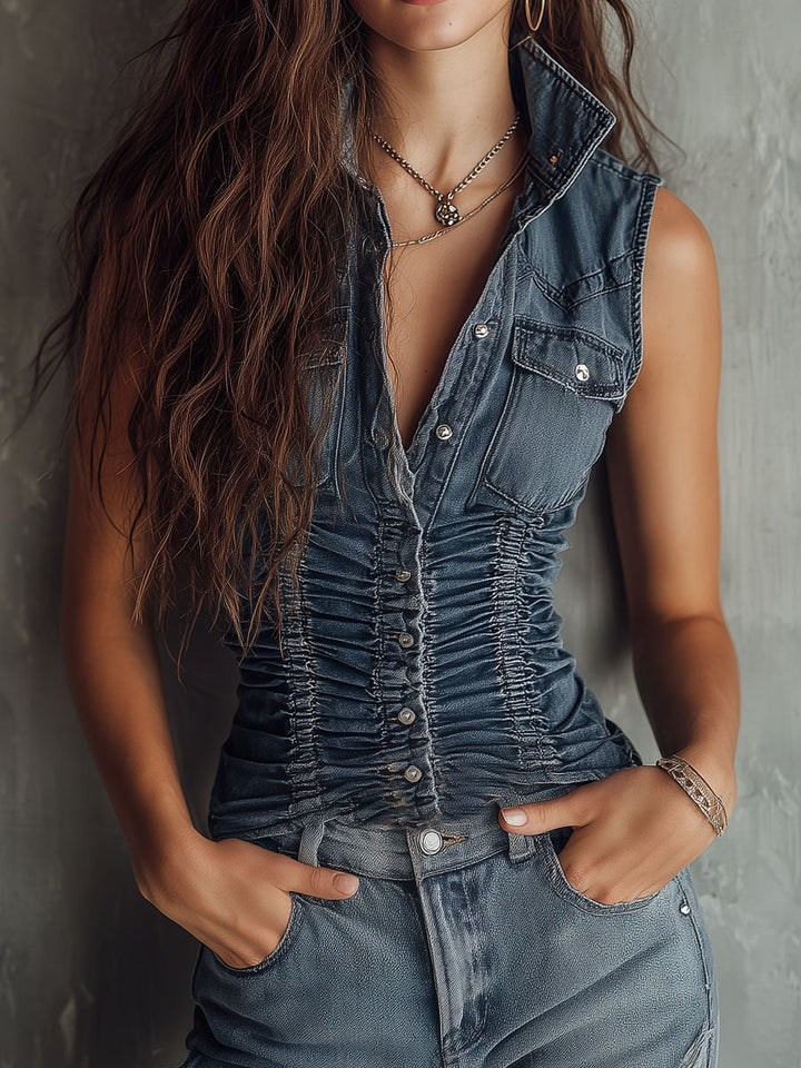 Retro blue ruched denim sleeveless shirt front view