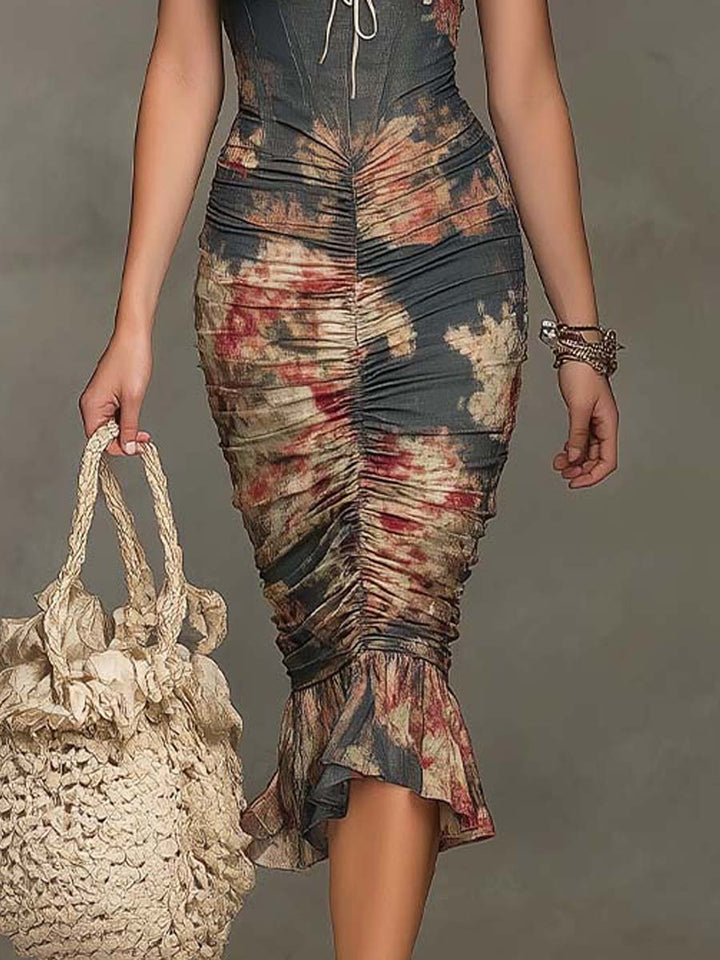 Bohemian satin floral halter midi styled look