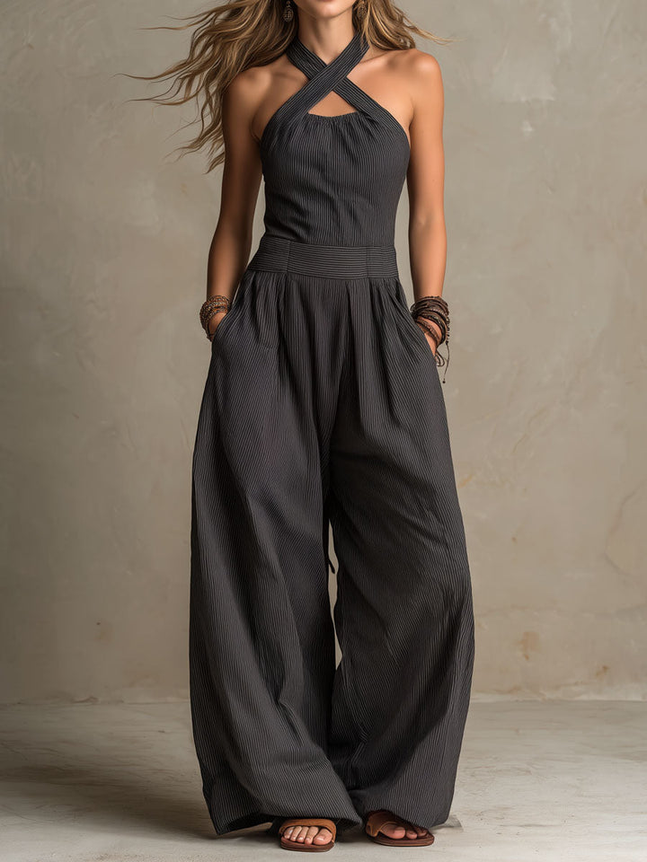 Charcoal crisscross halter pinstripe jumpsuit front view
