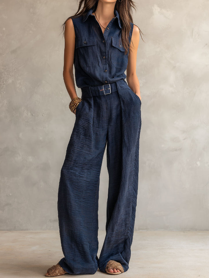 Midnight slate belted utility jumpsuit front view
