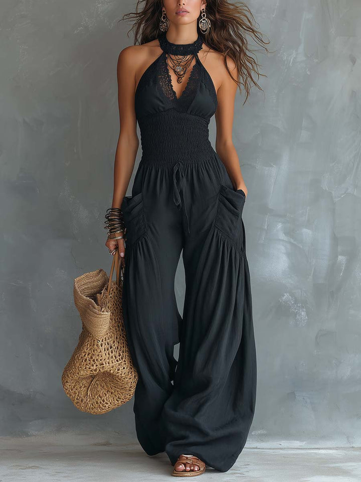 Retro lace halter-neck jumpsuit front view