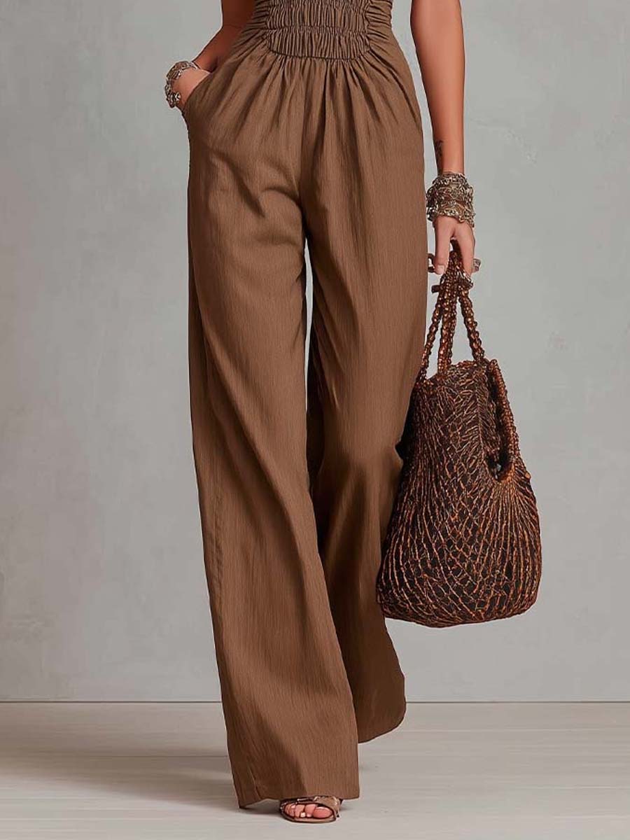 Boho linen-cotton halter jumpsuit styled look