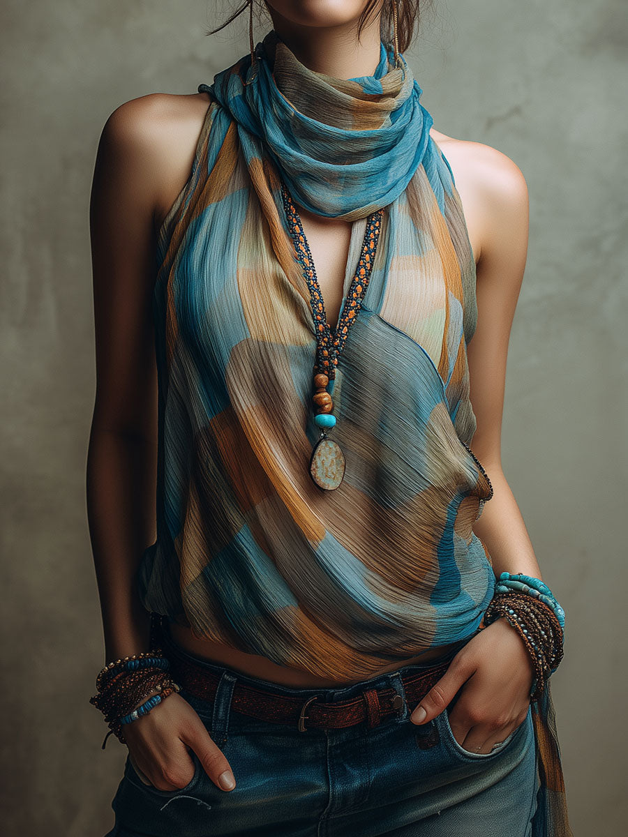 Boho blue and amber chiffon halter blouse with scarf neck front view