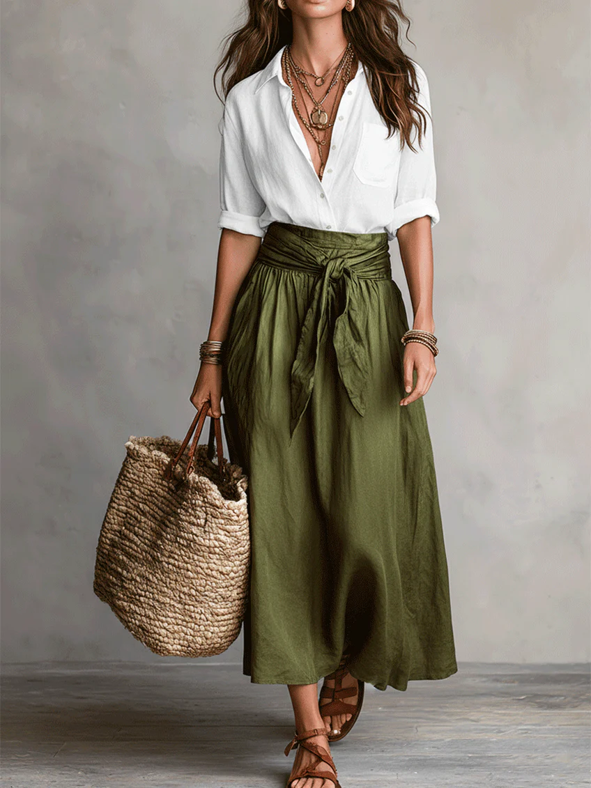 Olive satin midi skirt set detail close-up
