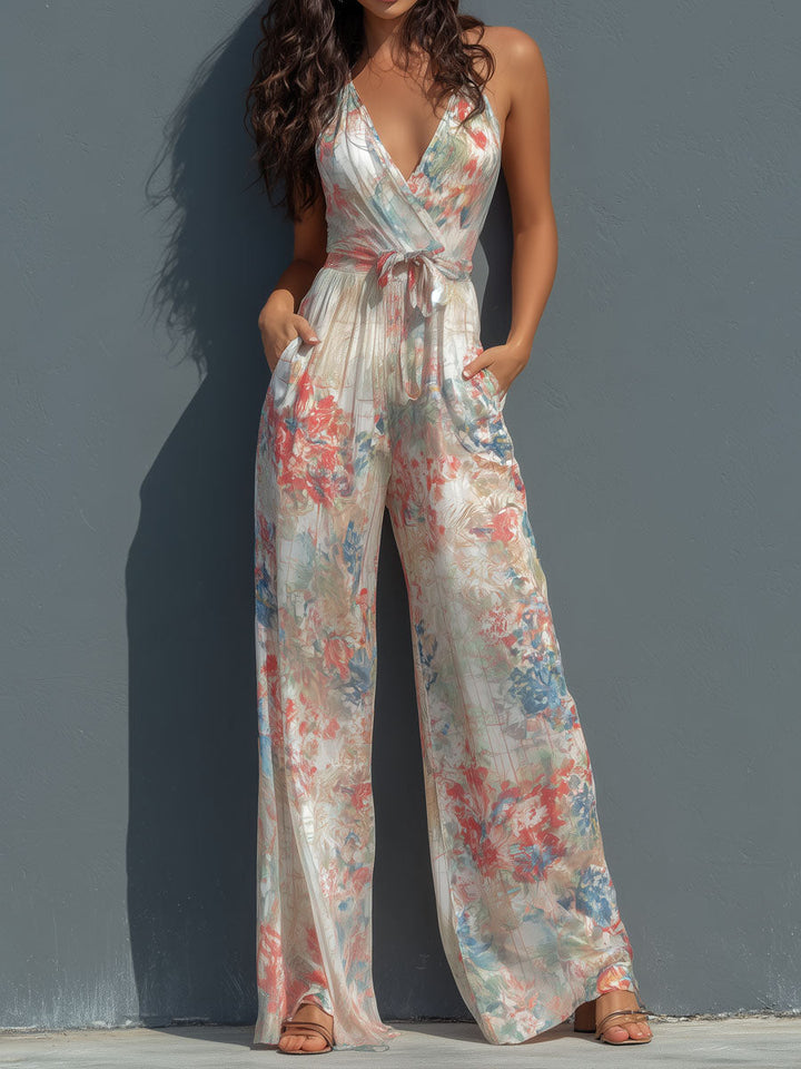 Floral satin halter wrap wide-leg jumpsuit front view