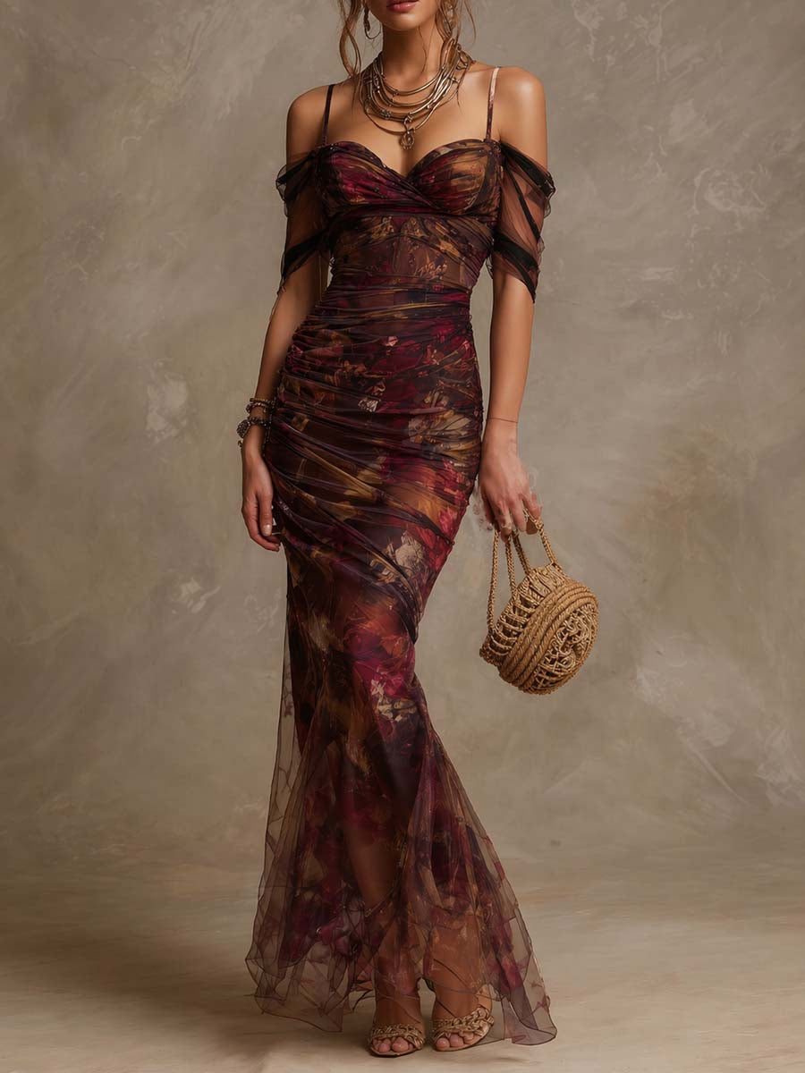Vintage floral off-shoulder ruched mesh mermaid maxi dress front view