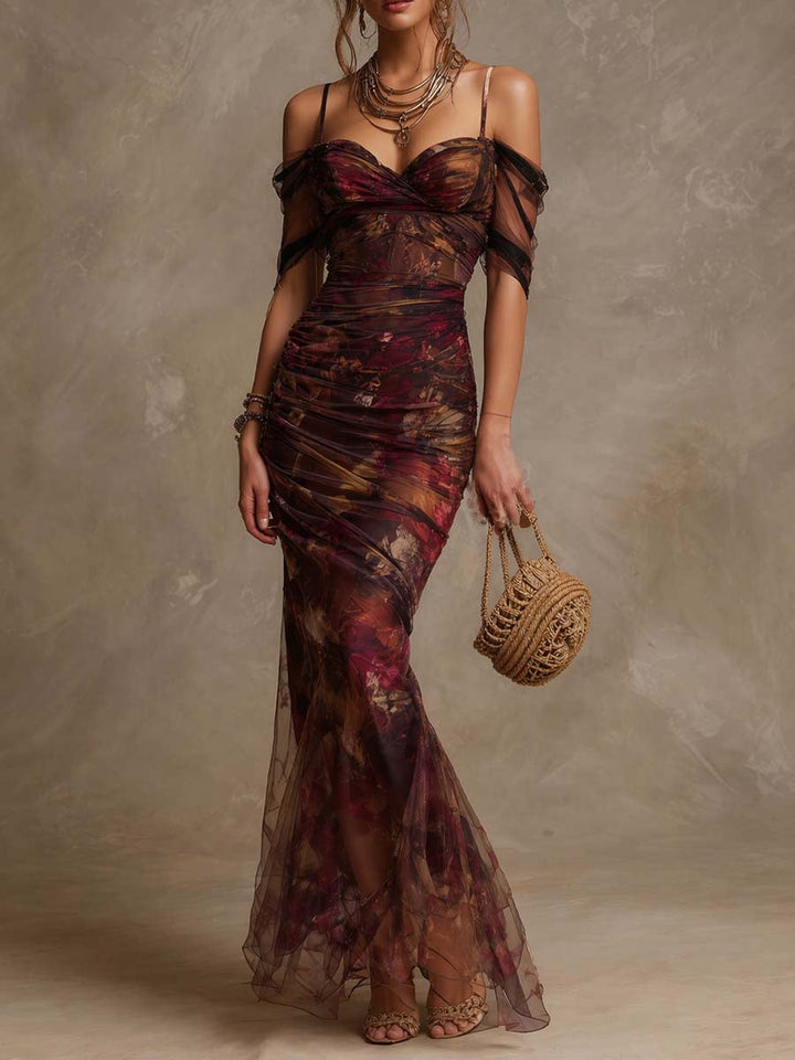 Vintage floral off-shoulder ruched mesh mermaid maxi dress front view