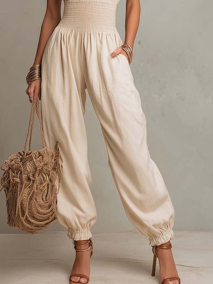 Boho lace halter harem jumpsuit styled outfit