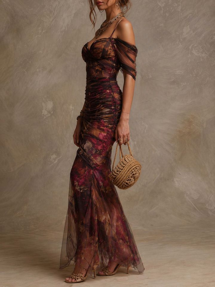 Floral mesh mermaid maxi dress side view
