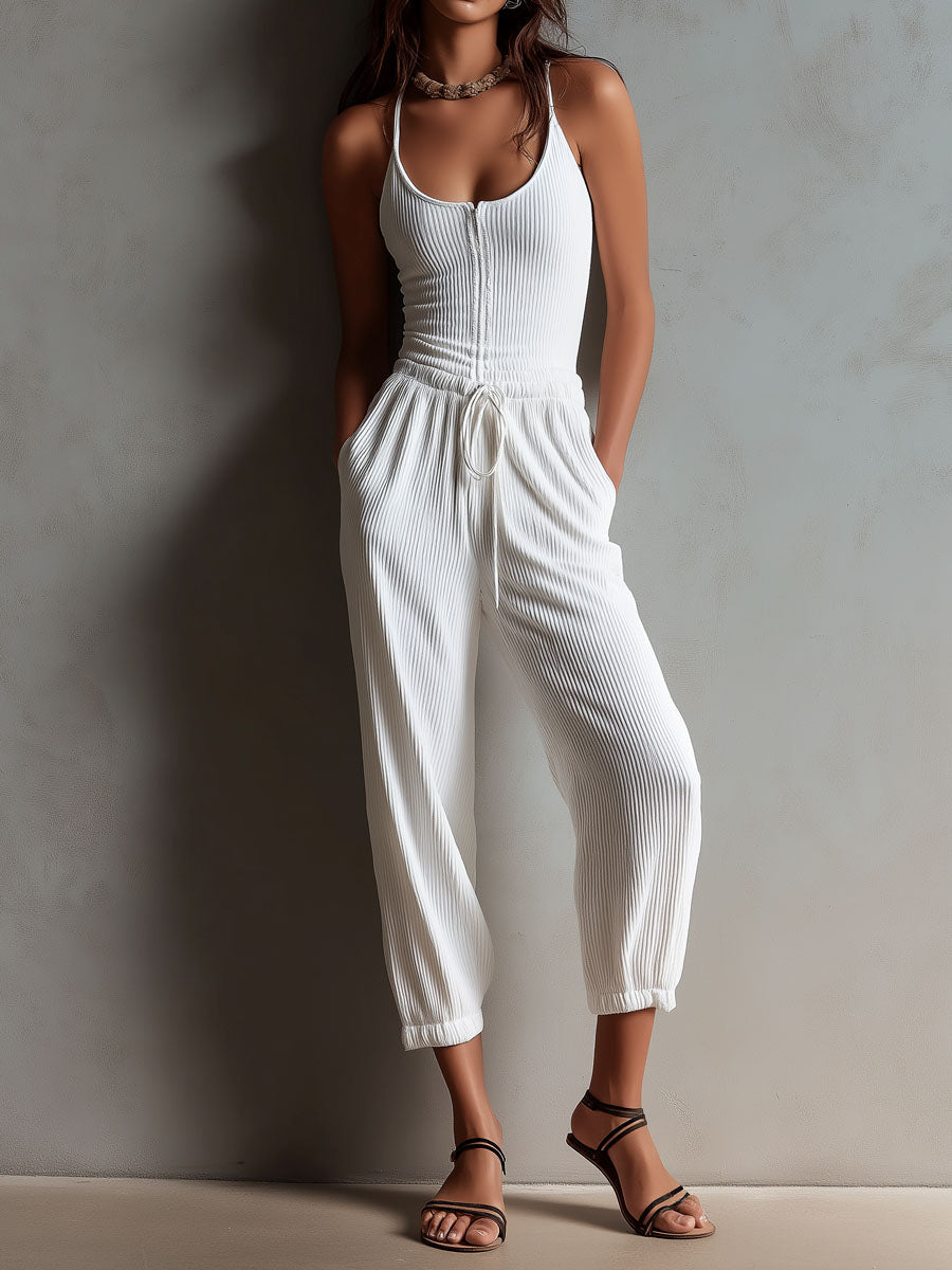White ribbed knit drawstring jumpsuit front view
