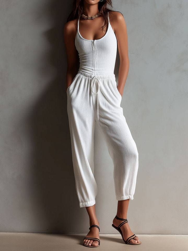 White ribbed knit drawstring jumpsuit front view