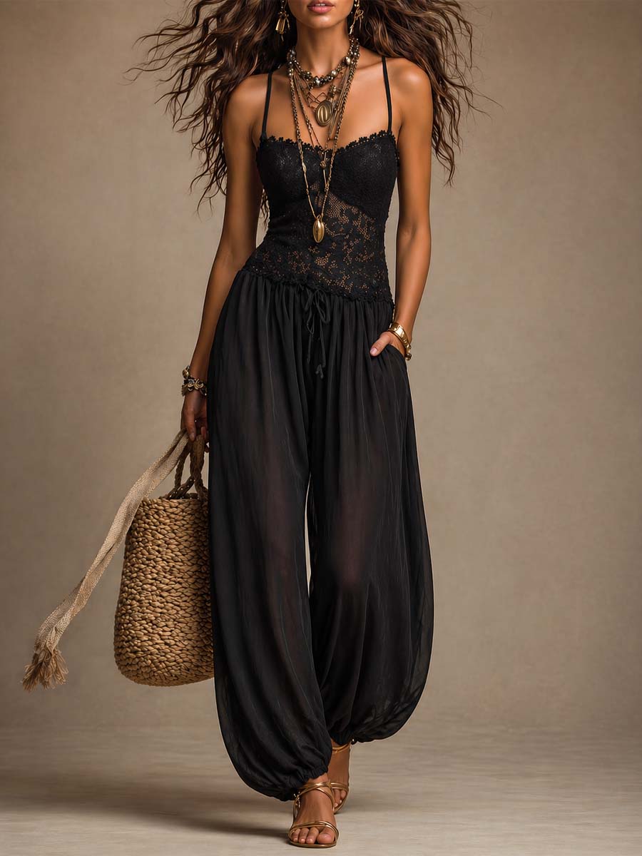 Black lace chiffon halter harem jumpsuit front view