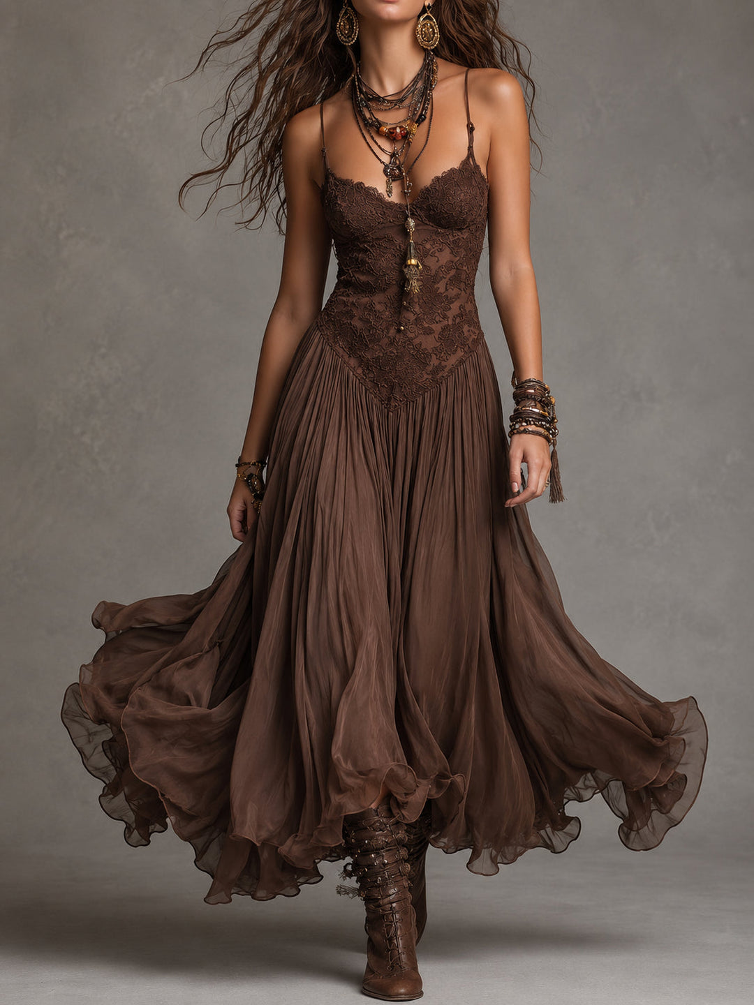 Dark brown lace chiffon corset maxi dress front view